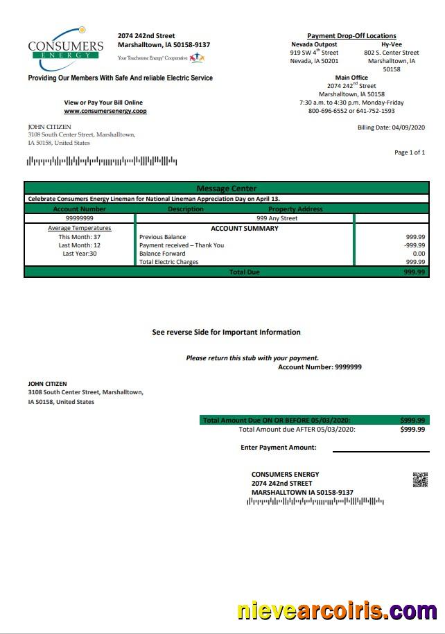 USA Iowa Consumers Energy utility bill